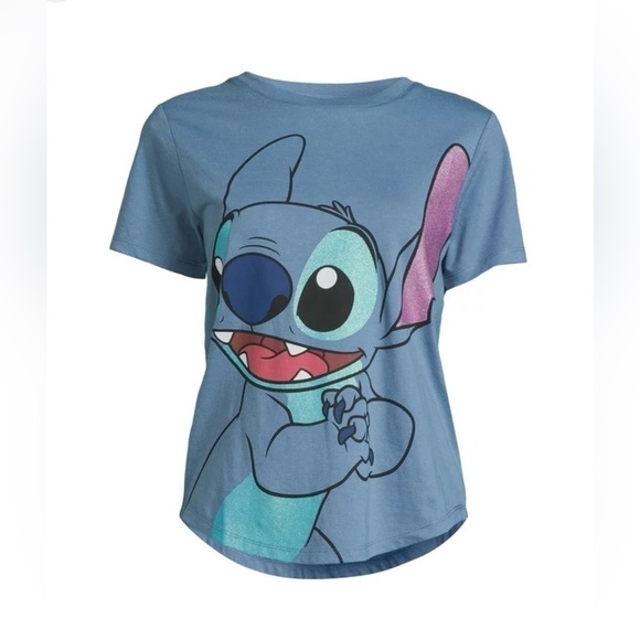 Lilo & Stitch Glitter Graphic T-Shirt Juniors Size XXL 19 Blue Short Sleeves - Picture 1 of 6